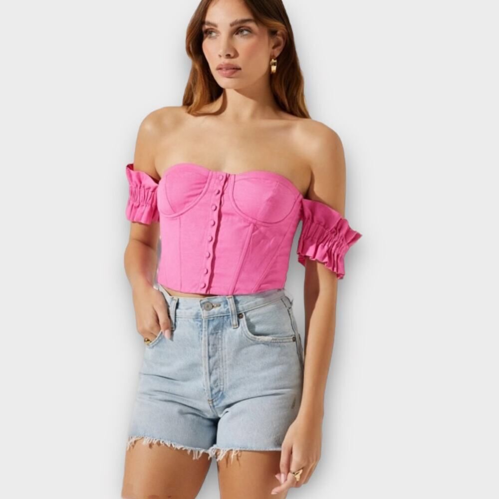 ASTR The Label Corset Top Women's Small Pink Linen Sweetheart Neck Off Shoulder